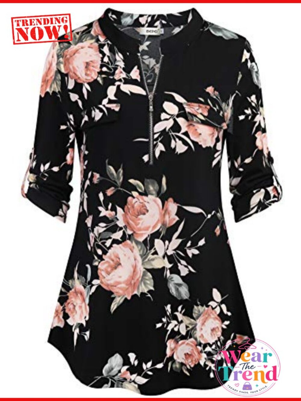 Womens Floral 3/4 Sleeve Zip Up V Neck Work Office Blouse Tunic Top